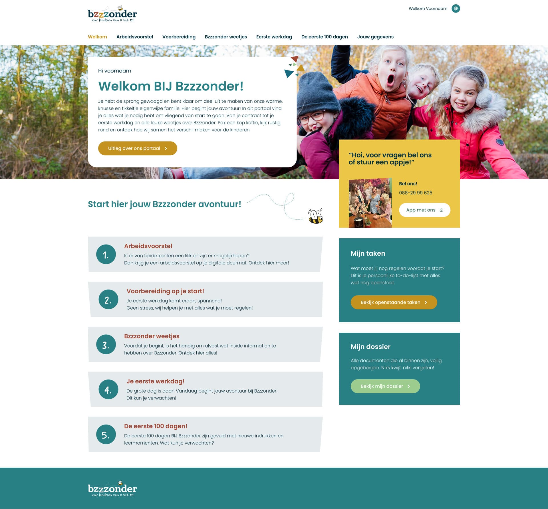 Screenshot van het Bzzzonders onboardingportaal met stappenplan, taken, dossier en contactblok voor nieuwe medewerkers.
