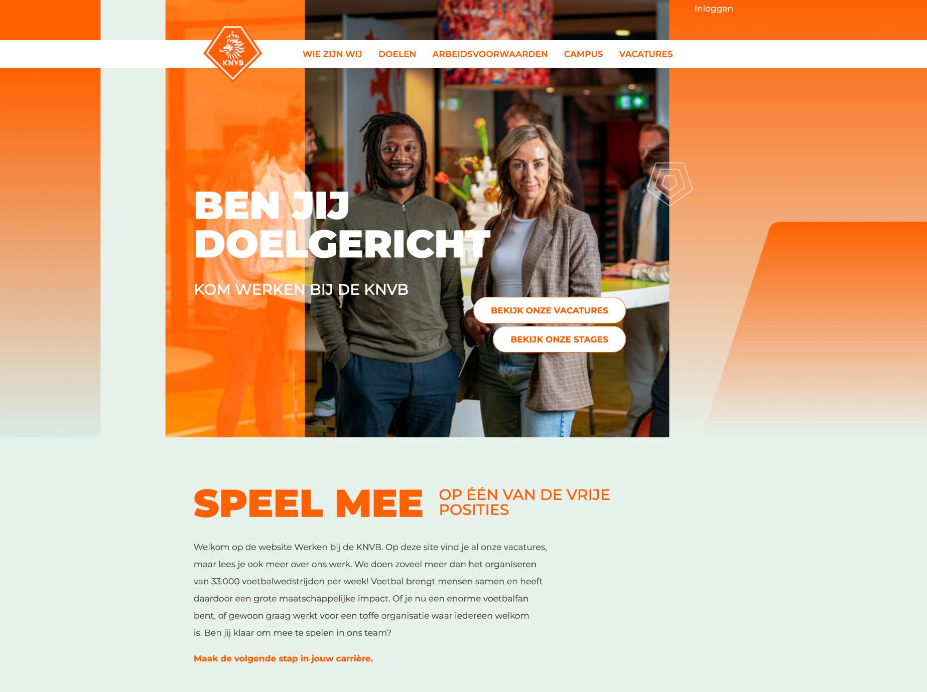 Screenshot van de werken-bij-website van de KNVB met vacatures, stages en een oproep om te solliciteren.