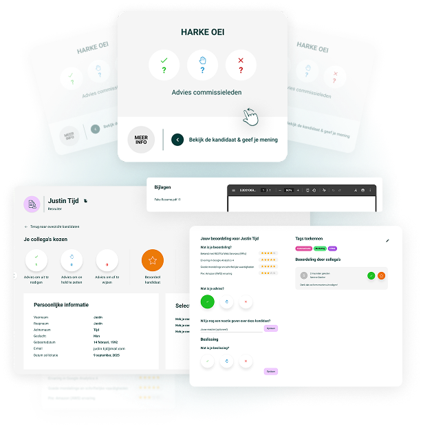 Mock-up van een recruitmentplatform waarin commissieleden kandidaten beoordelen en advies geven.