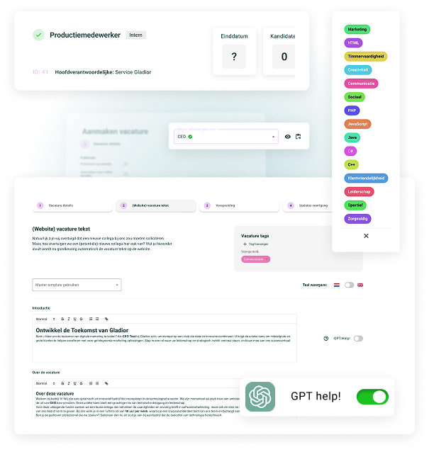 Screenshot van een dashboard voor het aanmaken en beheren van vacatures, inclusief een lijst met gekleurde vaardigheidstags en een actieve "GPT help!"-functie.