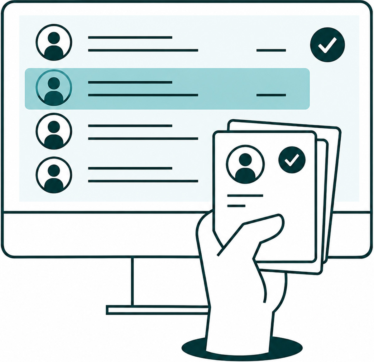 Een hand klikt op een centraal browserscherm met een aktetas-icoon, dat via pijlen verbonden is met schermen voor een website, gebruikersprofiel en zoekfunctie. Dit symboliseert het centraal beheren of verspreiden van vacatures.