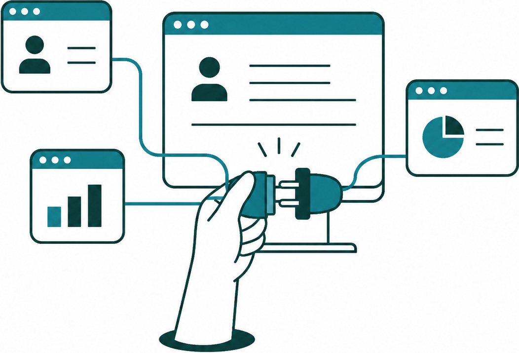 Illustratie van een hand die een stekker aansluit op een computerscherm, omringd door verschillende applicatievensters met grafieken en een gebruikersprofiel. Symbool voor software-integratie en dataverbinding.
