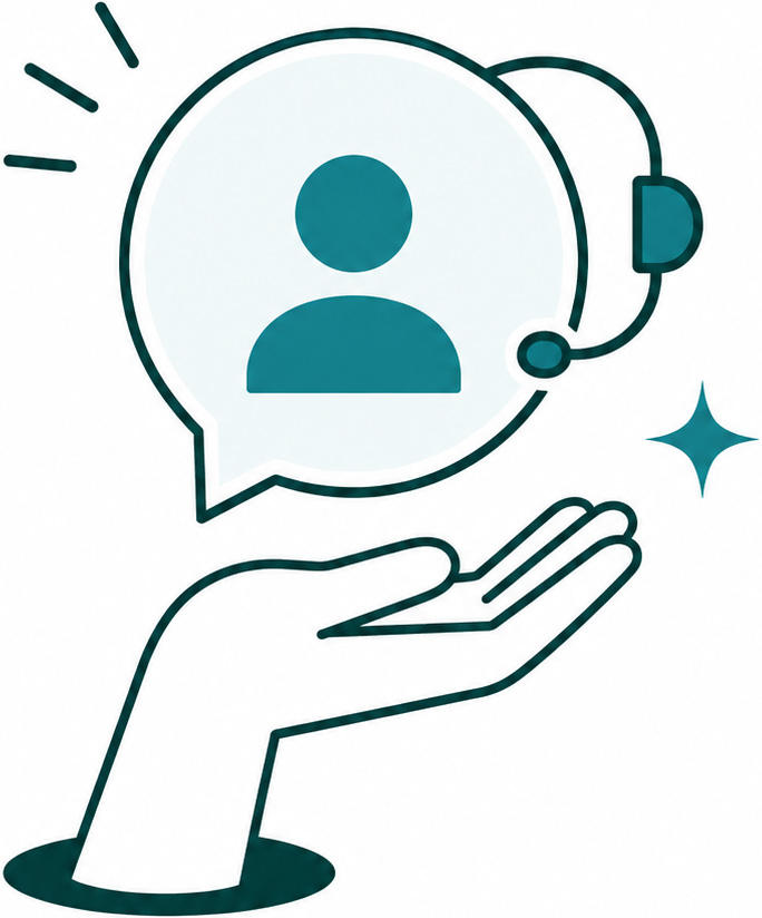 Illustratie van een geopende hand die een praatbubbel met een gebruikersicoon en een headset ondersteunt, symbool voor klantenservice.
