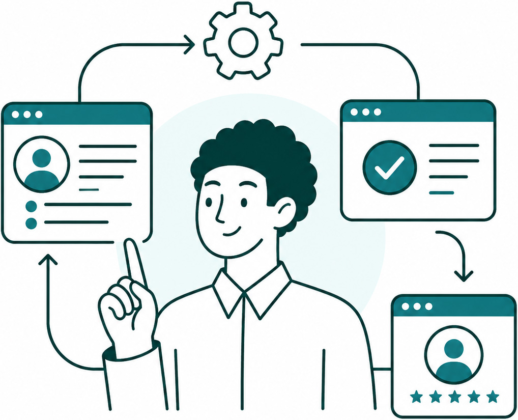Een illustratie van een man die wijst naar een digitale workflow of procescyclus, weergegeven met iconen voor een gebruikersprofiel, een tandwiel voor verwerking, een vinkje voor goedkeuring en een vijfsterrenbeoordeling.