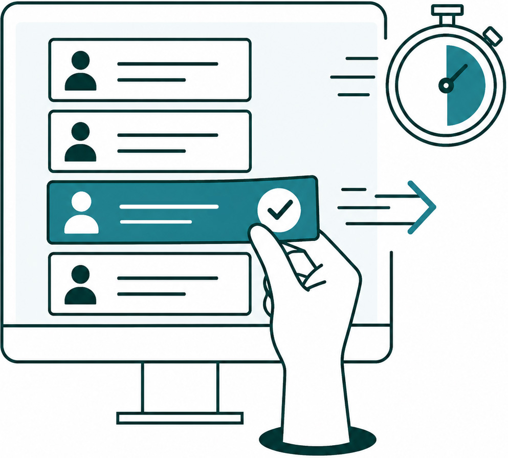Een hand klikt op een centraal browserscherm met een aktetas-icoon, dat via pijlen verbonden is met schermen voor een website, gebruikersprofiel en zoekfunctie. Dit symboliseert het centraal beheren of verspreiden van vacatures.