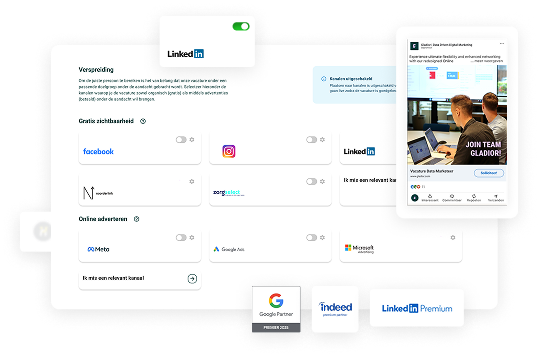 Mock-up van advertentiekanalen en socialmediacampagnes voor het verspreiden van vacatures.