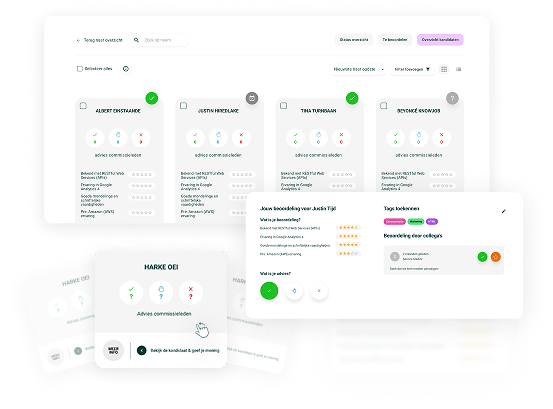 Screenshot van het Novi-kandidatenoverzicht waarin recruiters sollicitanten kunnen beoordelen, sterrenwaarderingen kunnen geven en feedback van collega's kunnen inzien.