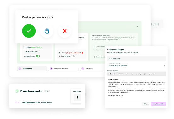 Screenshot van de Novi-interface voor het selecteren van kandidaten en het versturen van uitnodigingen, met een pop-upvenster dat vraagt 'Wat is je beslissing?'.