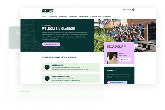 Mock-up van de werken-bij-website van Gladior met vacatureproces, teamfoto en sollicitatieblok.