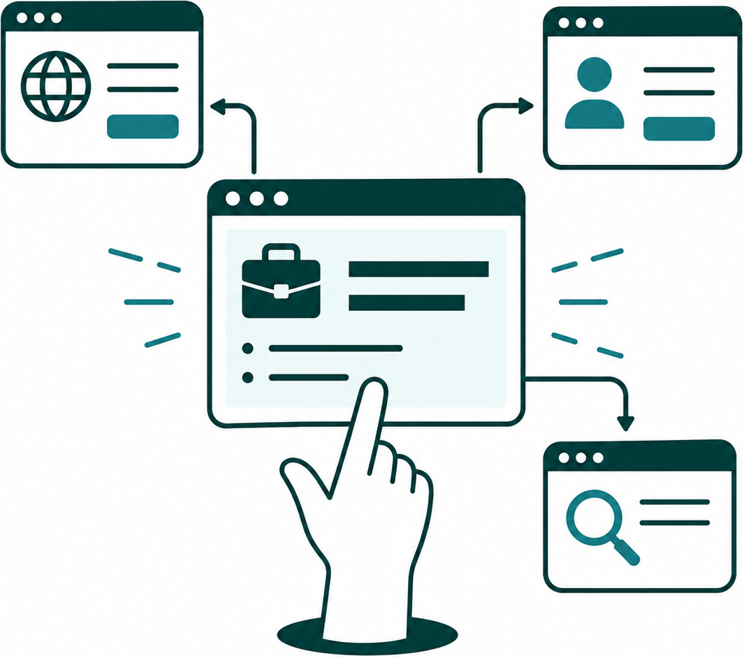 Een hand klikt op een centraal browserscherm met een aktetas-icoon, dat via pijlen verbonden is met schermen voor een website, gebruikersprofiel en zoekfunctie. Dit symboliseert het centraal beheren of verspreiden van vacatures.
